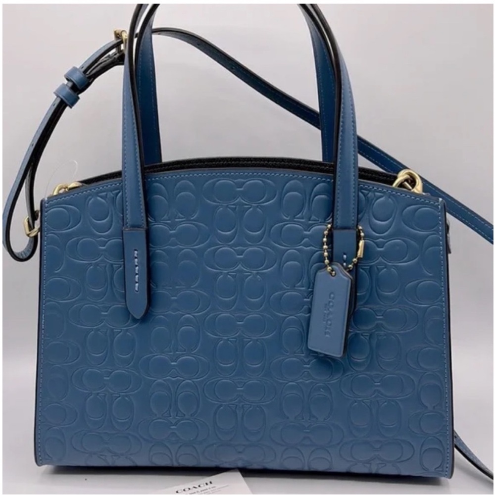Coach Blue Croc-Embossed Shoulder Bag with Gold Accents